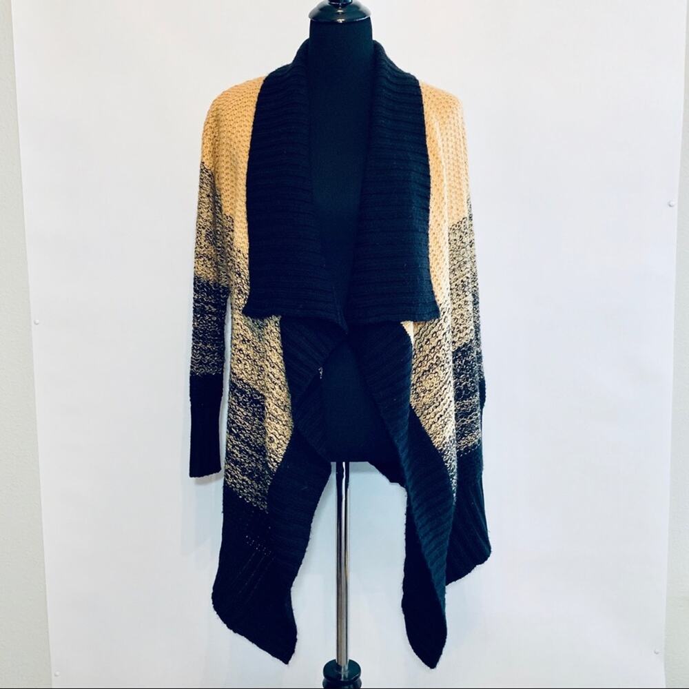Romeo & Juliet Couture tan black ombre stripe waterfall cardigan size Small